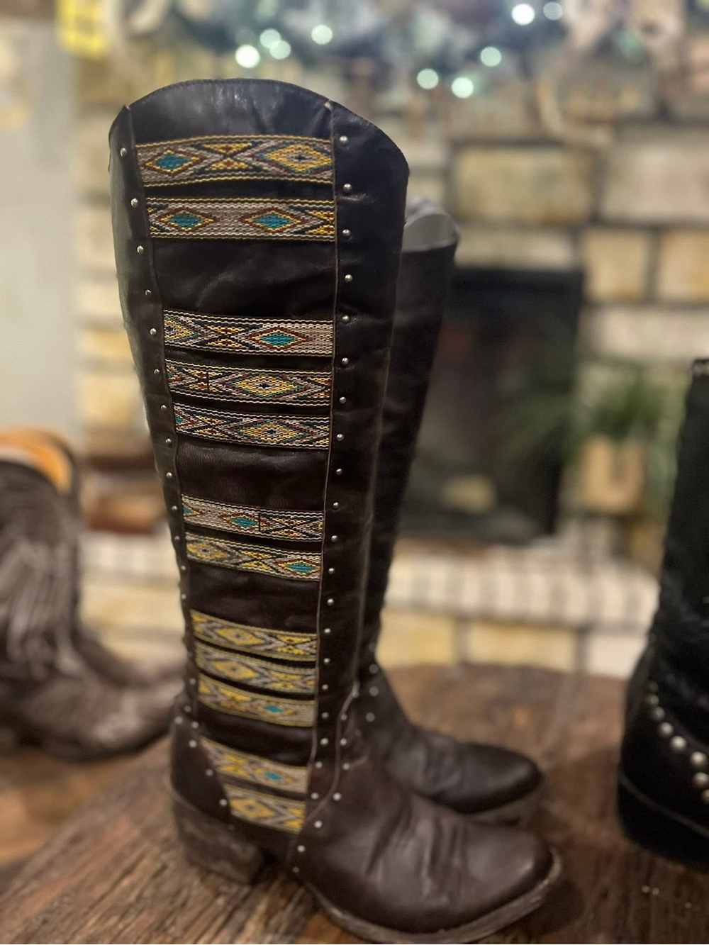 Old Gringo Elina Brown Leather Knee-High Boots with Multicolor Embroidered Panel